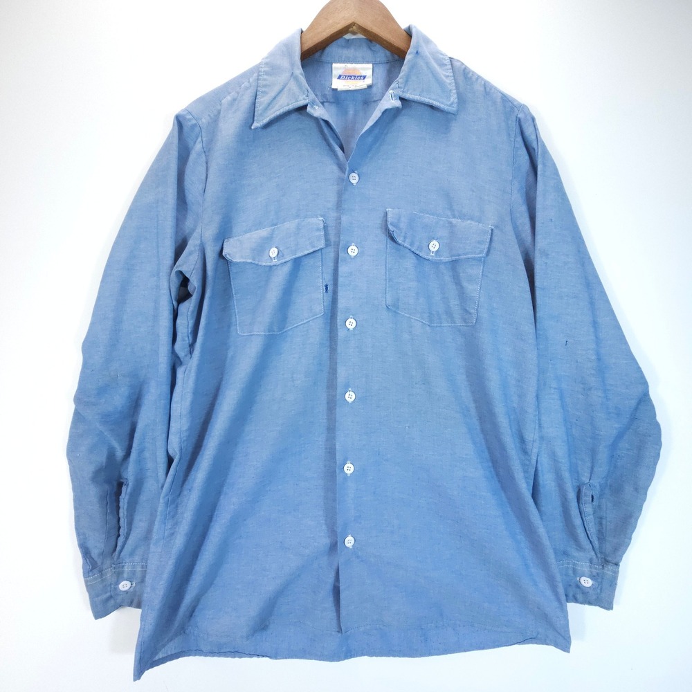 Vintage Dickies Shirt Mens 15.5 Blue Long Sleeve Button Down Skate Streetwear